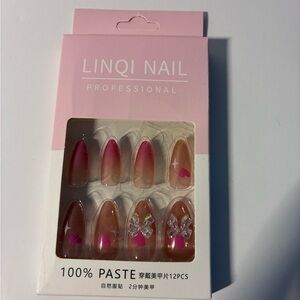 Professional Pink Ombre Press-On Nails with Heart & Butterfly Accents